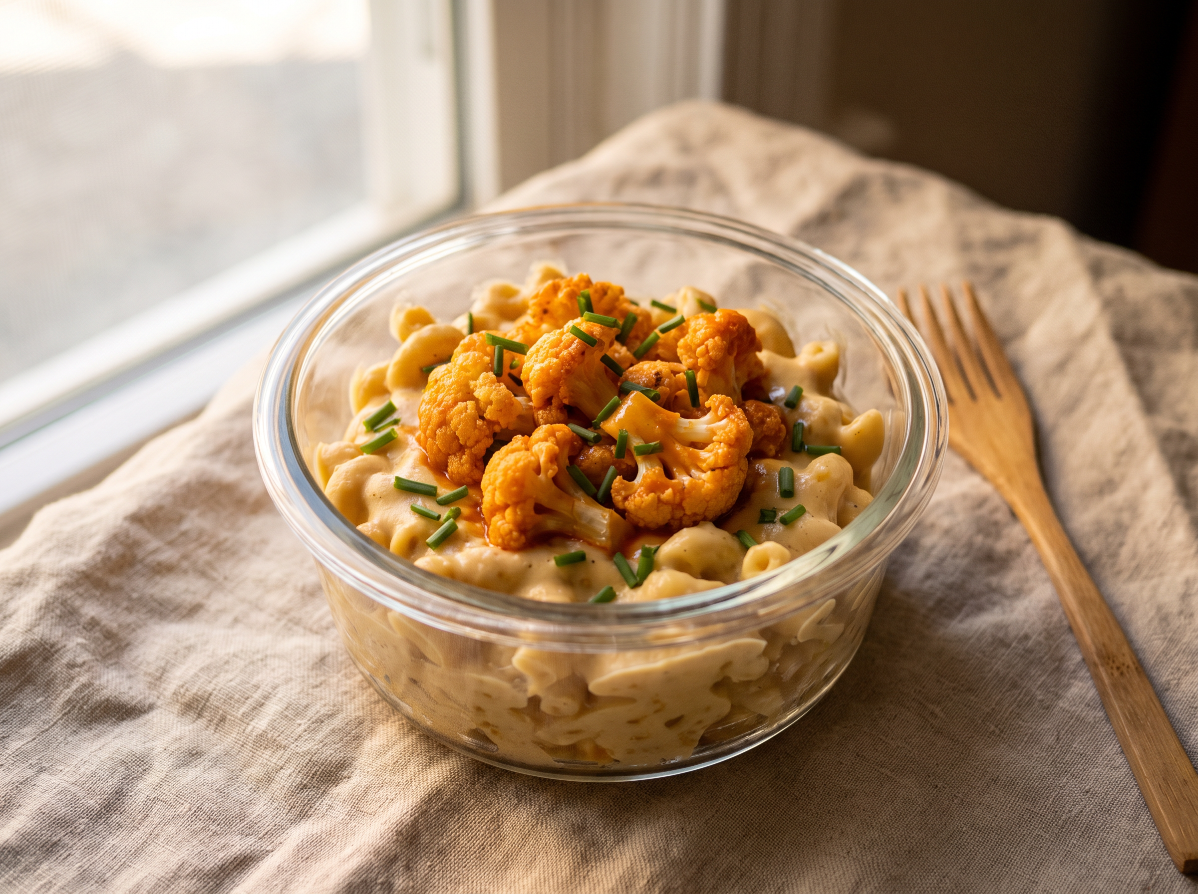 Buffalo cauliflower mac and cheese bowl with kale and crispy breadcrumbs