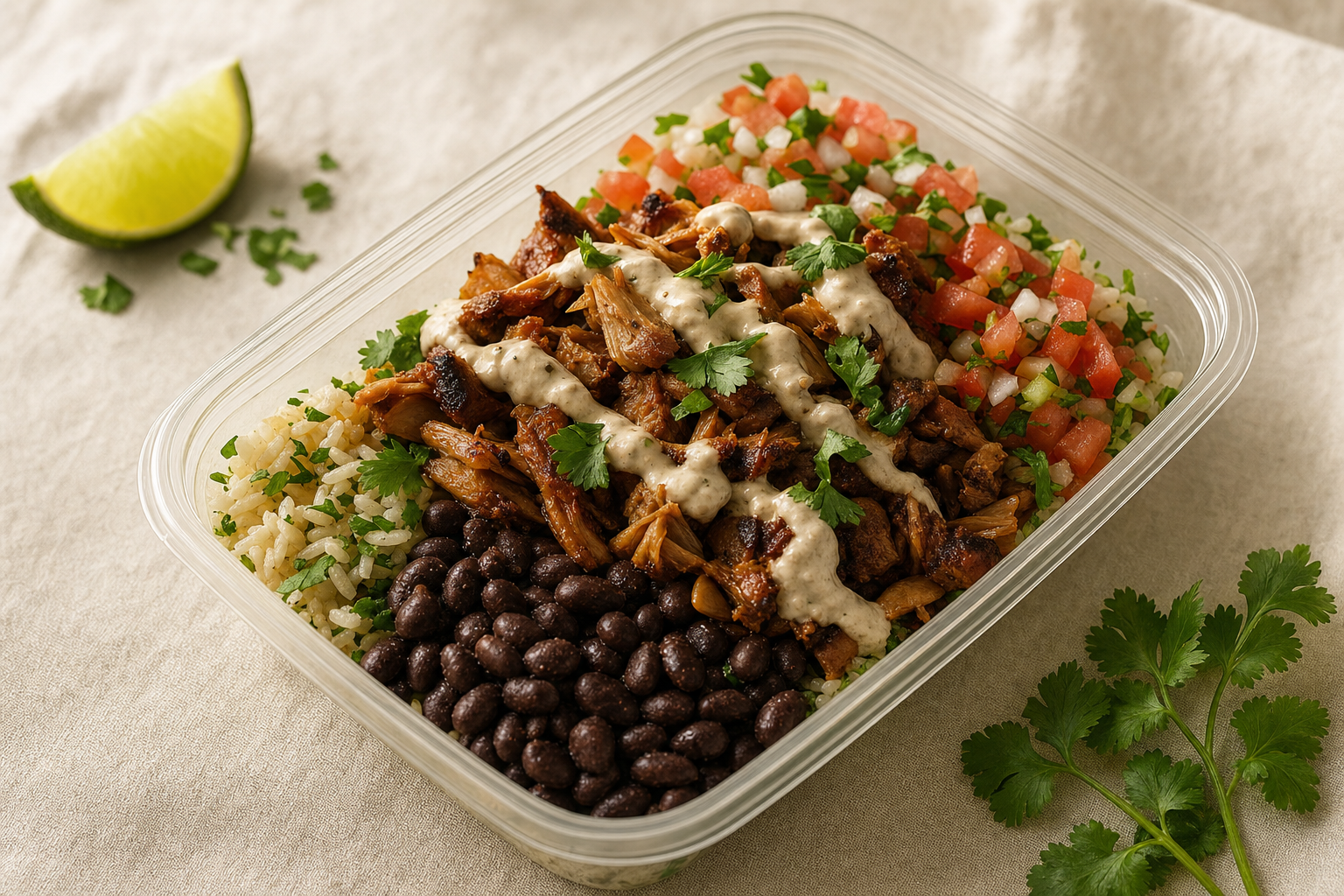 Smoky jackfruit carnitas bowl with cilantro-lime rice, black beans, pico de gallo, and cashew crema