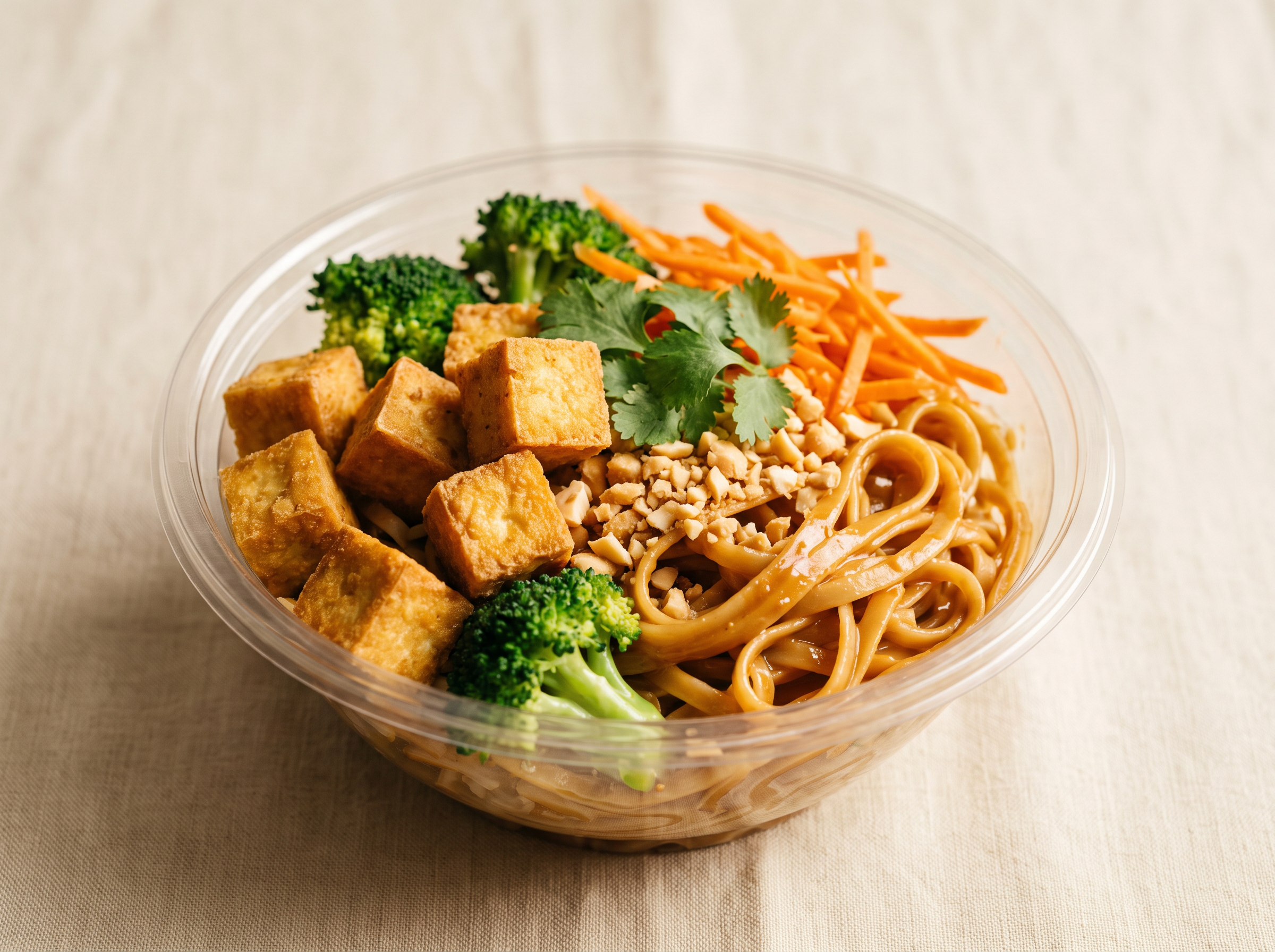 Thai peanut tofu noodles with edamame, carrots, and crushed peanuts