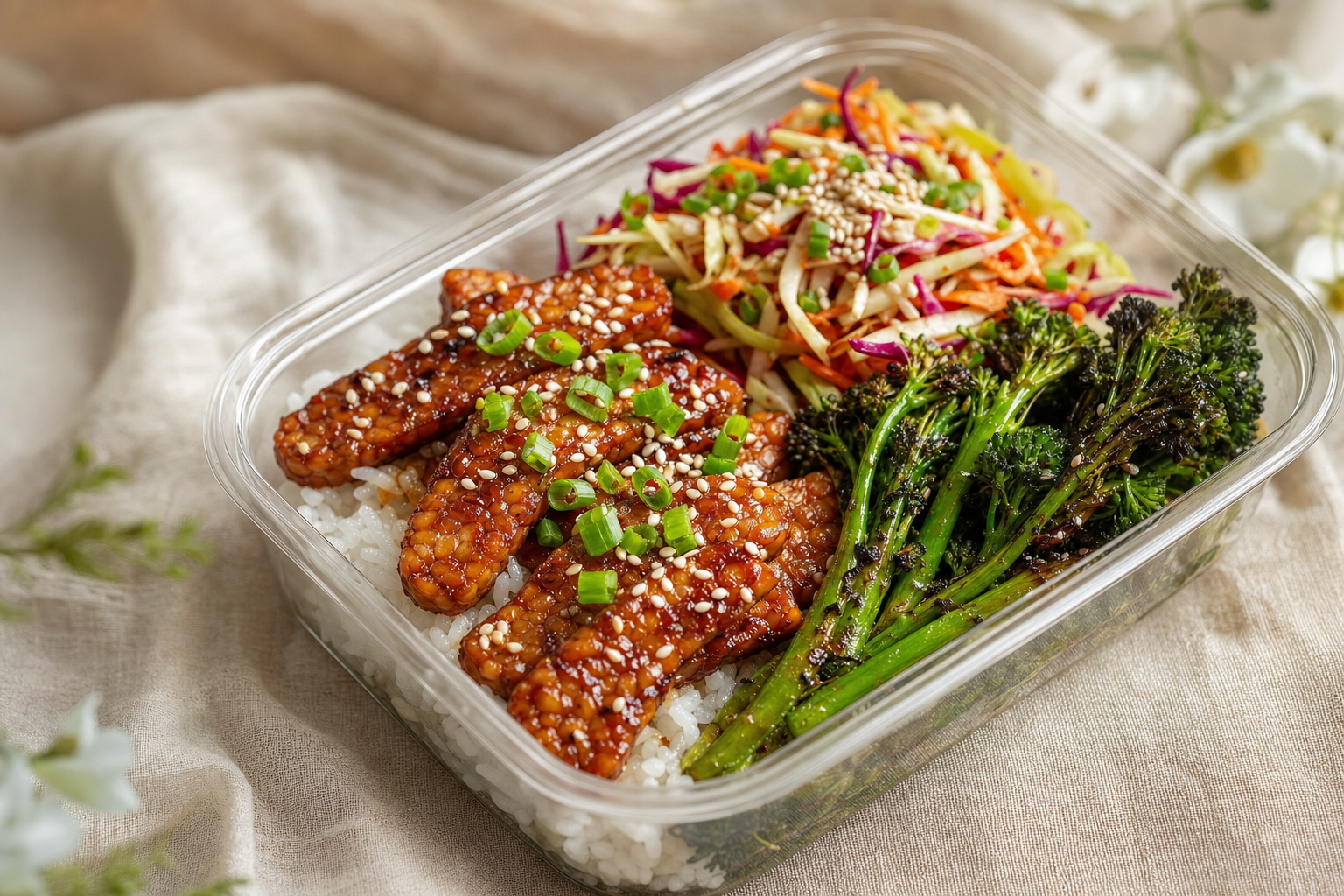 Teriyaki glazed tempeh bowl with jasmine rice, charred broccolini, and sesame slaw