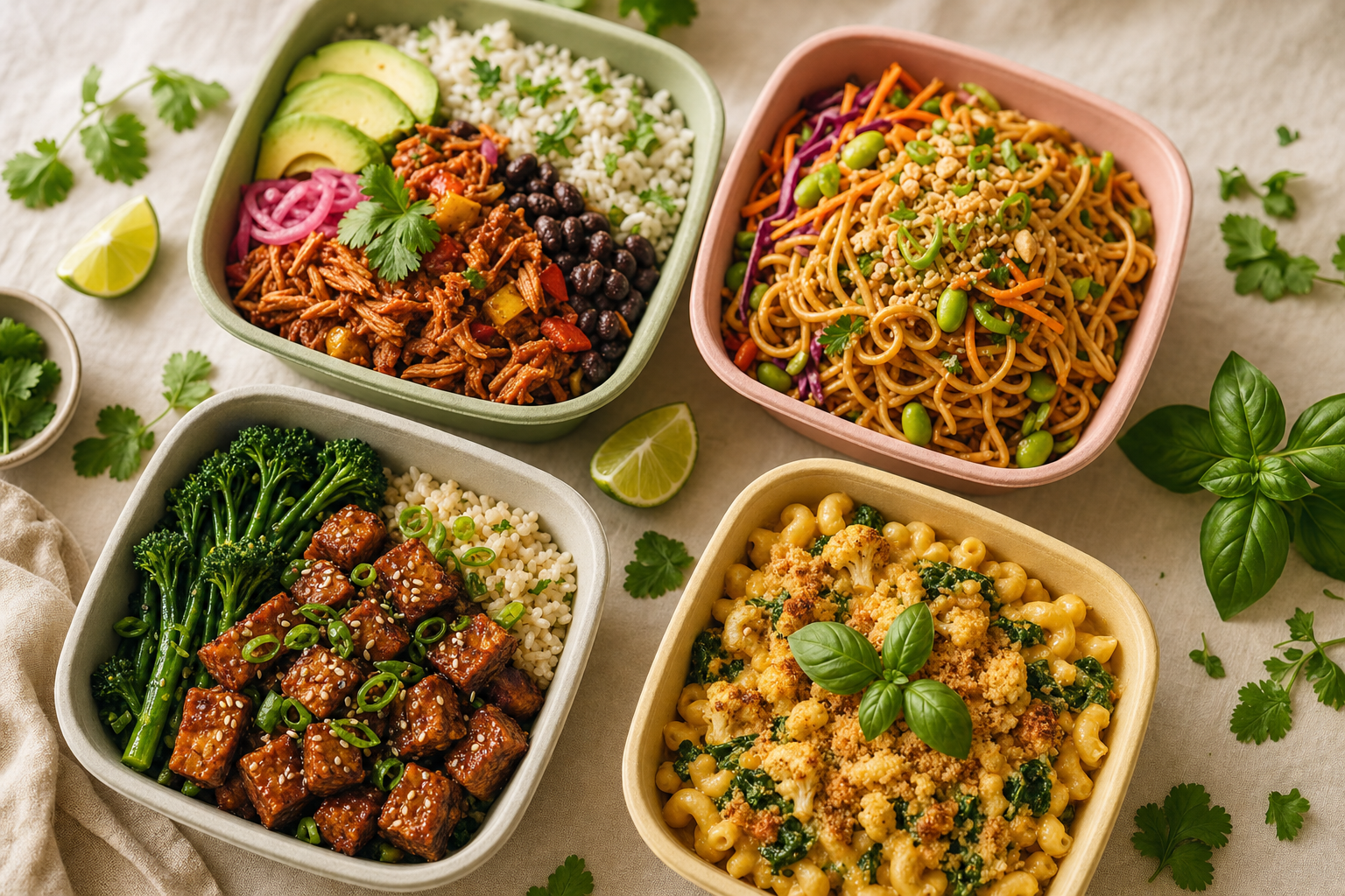 Four vegan meal prep bowls in compostable containers: jackfruit rice bowl, Thai peanut noodles, teriyaki tempeh with broccolini, and buffalo cauliflower mac
